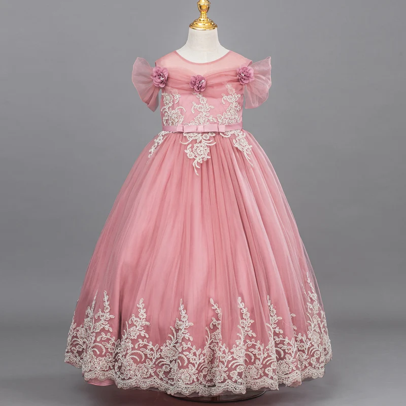 

A96 Children's Dress Girls' Princess Sequin Bubble Sleeve Long Mesh Flower Girl Wedding Little Summer