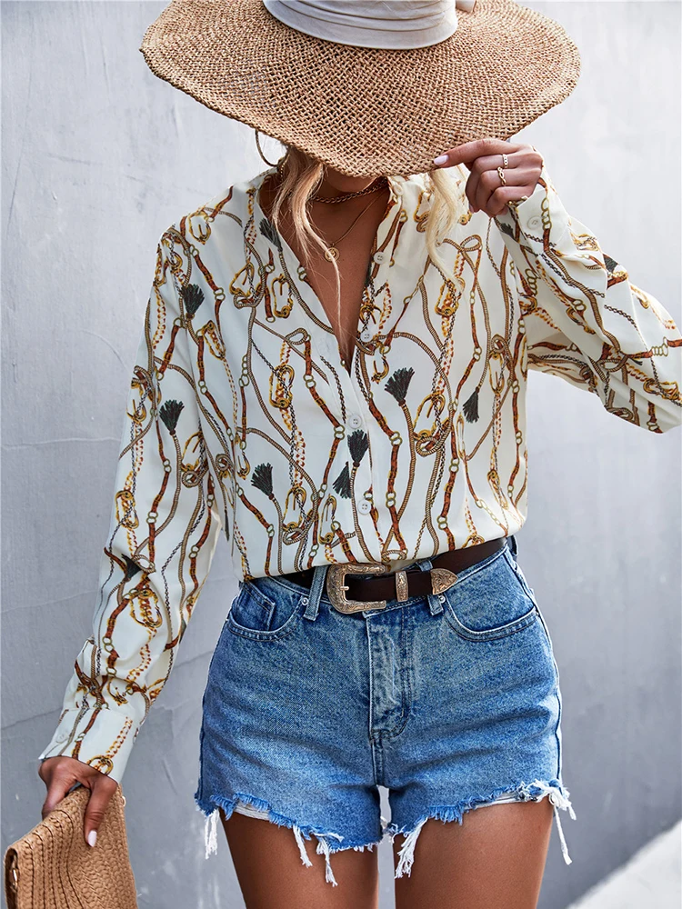

Женская блузка на пуговицах, элегантная свободная офисная рубашка с принтом цепей, V-образным вырезом, открытыми плечами и длинным рукавом, лето 2022