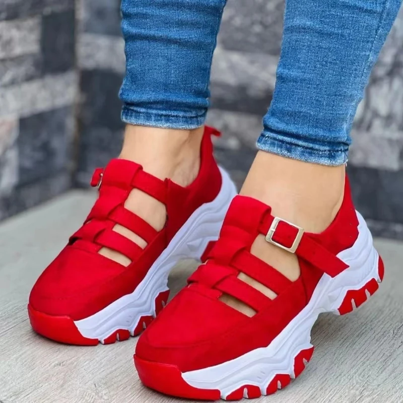 

2023 New Thick-soled Women's Sports Shoes Fashion Casual Comfortable Buckle Hollow Flat Shoes Women's Increased Vulcanized Shoes