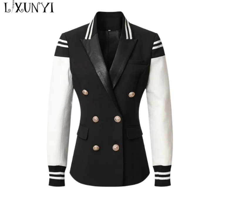 LXUNYI Contrast Color Patchwork Suit jacket For Women 2022 Long Sleeve Striped Casual Blazer Woman Coat Varsity Jackets Big Size