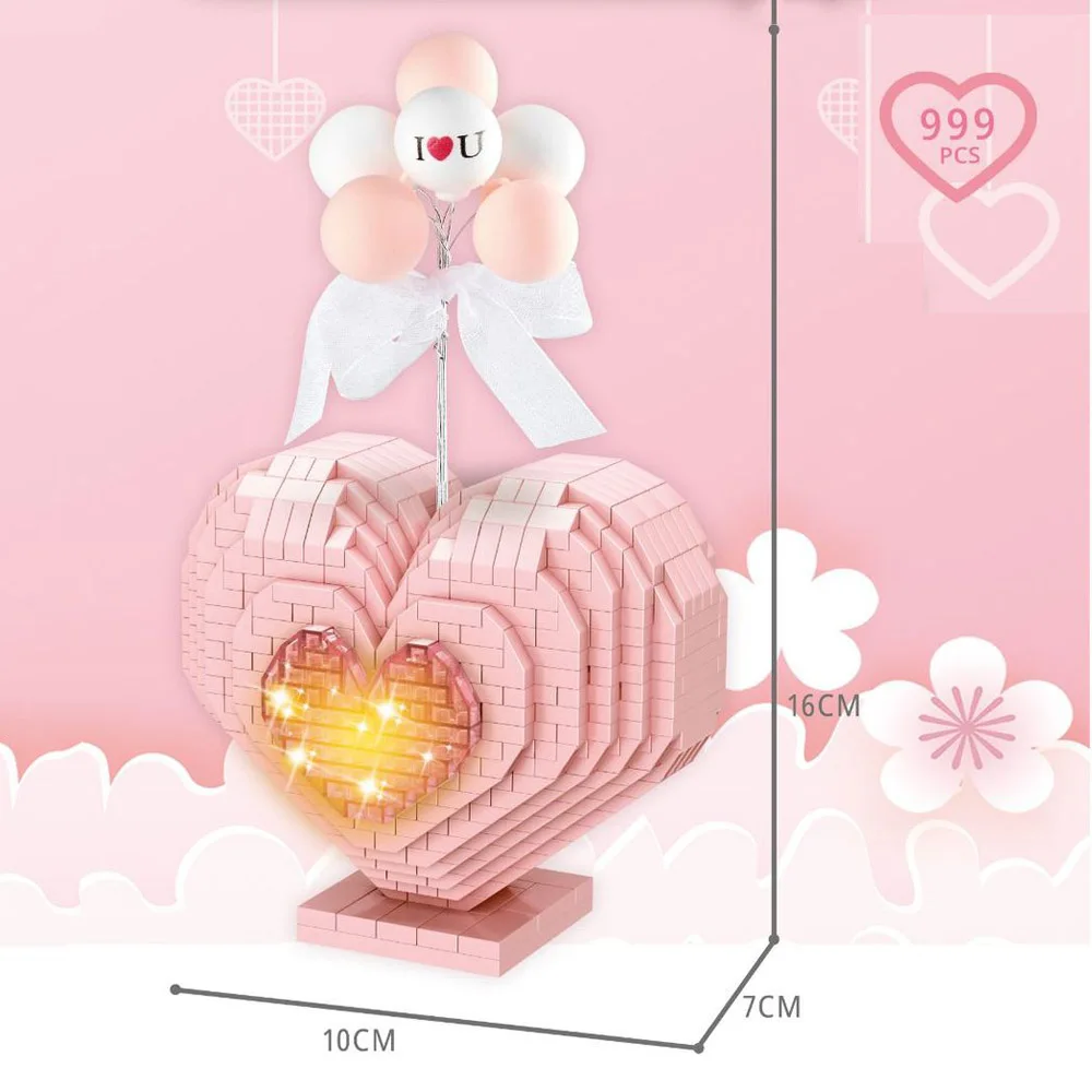 Bloques de construcción creativos con forma de globo, juguete educativo con luz para enamorados, corazón de amor rosa, Micro bloques de diamantes, nanoladrillos