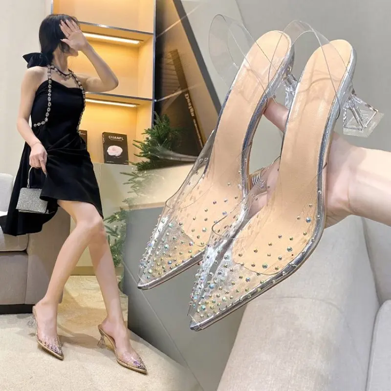Женские туфли на высоком каблуке летние блестящие прозрачные тонком пластиковом