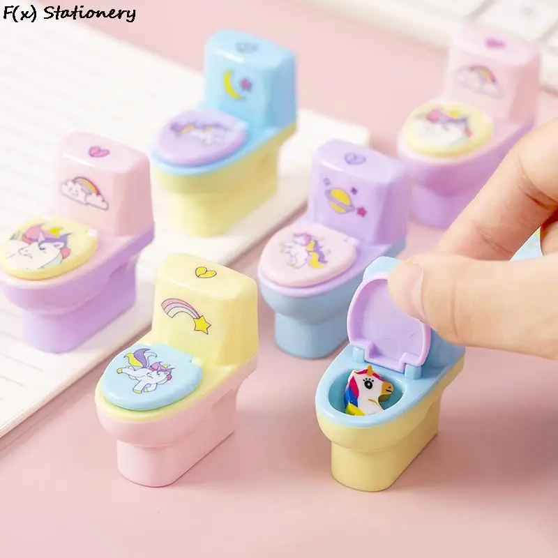 

2 Piece Lytwtw's Stationery Creative Toilet Shape Cartoon Unicorn Pencil Sharpener Office Supply Gift Kawaii School Accessories