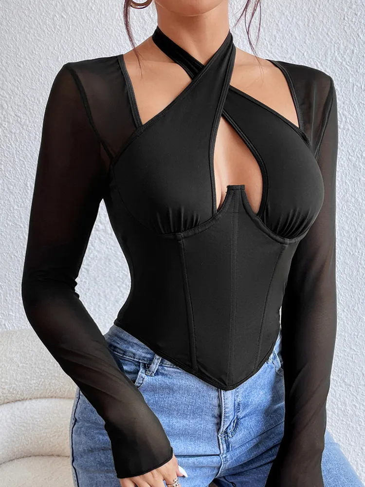 

Сексуальная Женская футболка Yangelo с длинным рукавом и перекрестным вырезом, готические черные топы для девушек со стальным кольцом