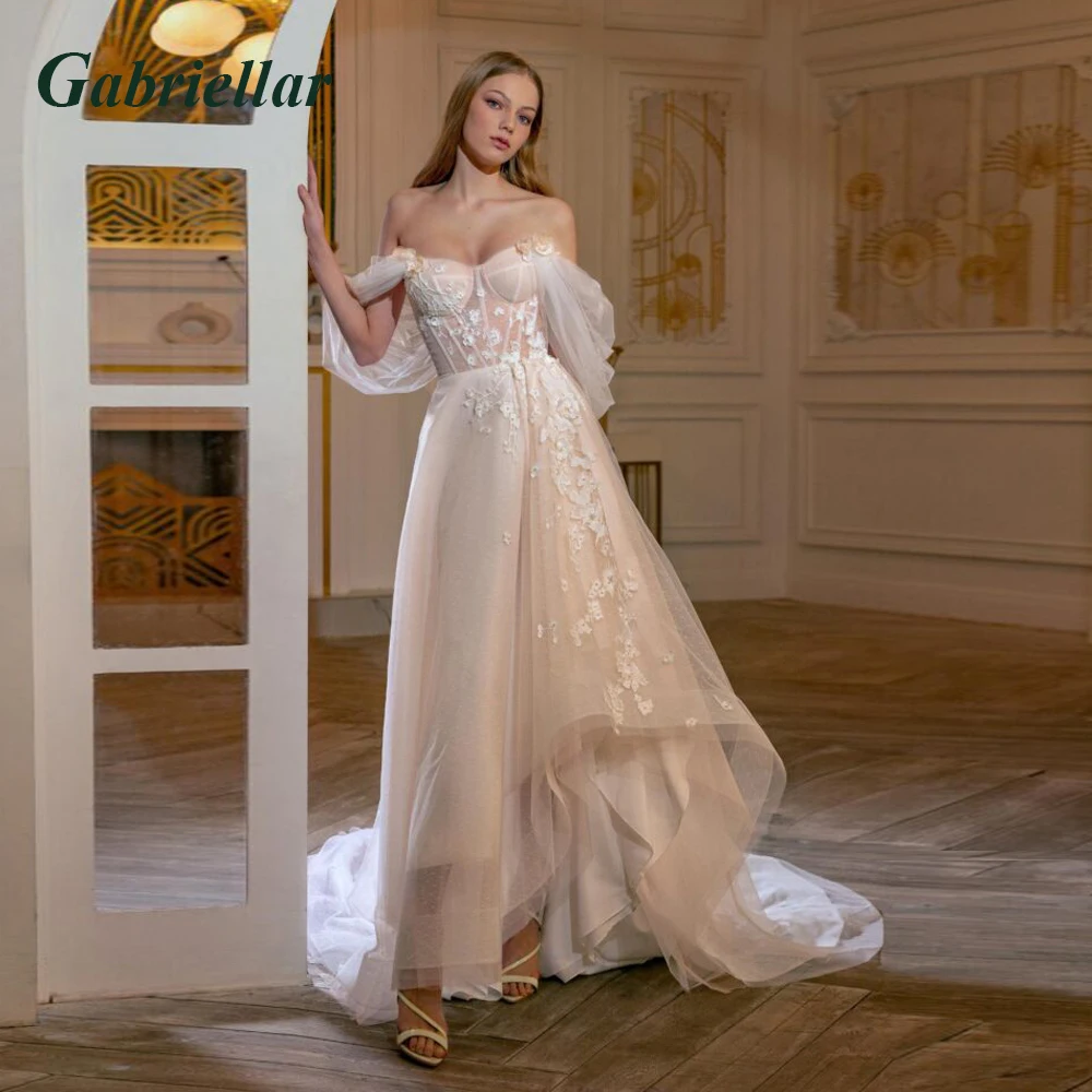 

Gabriellar Sparkly Asymmetrical Wedding Dresses For Bride Off the Shoulder Lace Up Appliques Court Train Vestidos De Novia