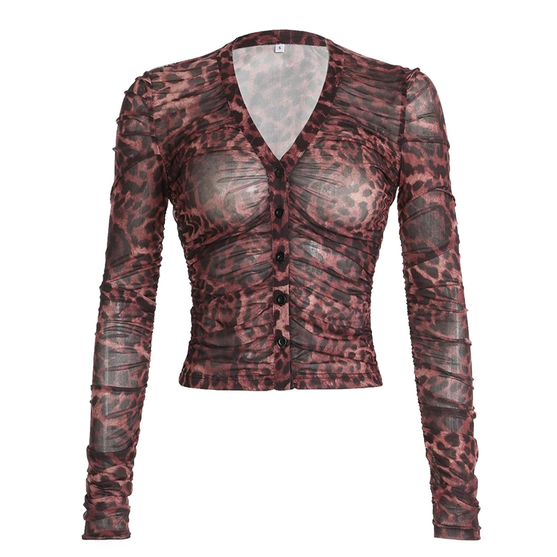 IAMHOTTY Сетчатый Топ С Леопардовым Принтом Для Женщин Винтажная Приталенная Блузка