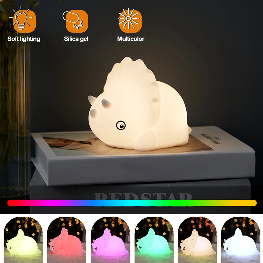 

Cute Dinosaur Tap Night Light Silicone Animal Atmosphere Lamp Children Kids Holiday Gift Dimmable Night Lamp 5V USB Charging