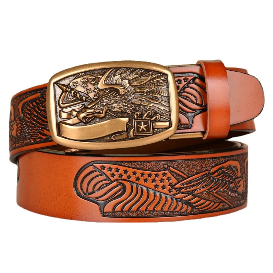 

Eagle Pattern Automatic Buckle Fashion Men Belt Genuine Leather Waistband Strap Jeans Accessories Belts For Male Luxury Brand
