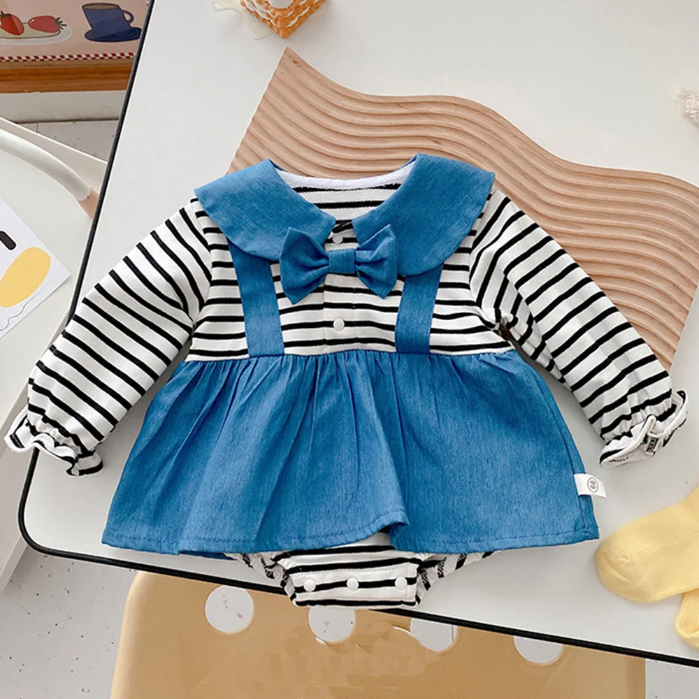 Baby Girl Long Sleeve Bodysuit Cotton Striped Peter Pan Collar Spring Autumn Princess Infant Clothing Newborn Onesies