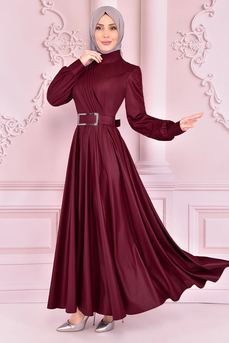 Атласное платье с поясом бордового цвета ASM2464