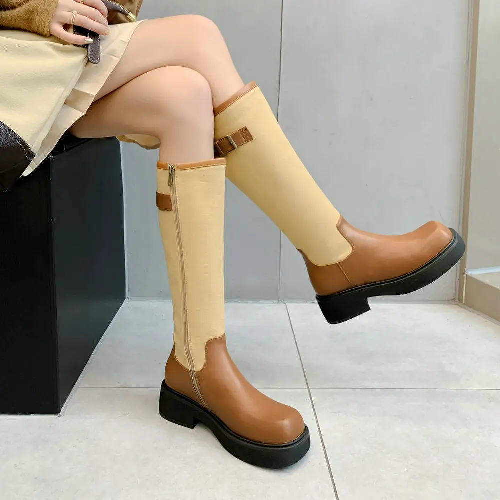 

EshtonShero Women Knee High Boots Western Genuine Leather Winter Women Shoes Mixed Color Fashion Club Female Long Boots Footwear