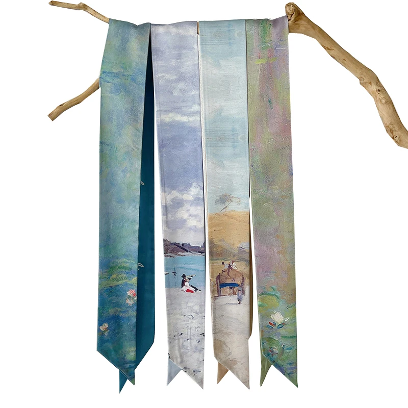 

CHENKIO Monet Water Lily Oil Painting Print Silk Scarf Fashion Hair Scarf Narrow and Long Streamer French Retro Small Silk Scarf