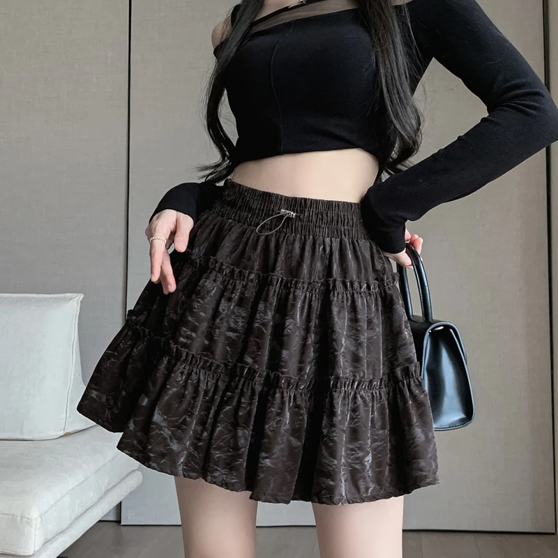 

Осенне-зимняя бальная Юбка со складками, Женская эластичная трапециевидная мини-юбка в стиле «лолита» с высокой талией и оборками, матовые юбки из искусственной кожи