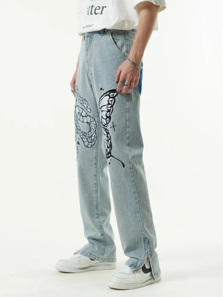 High Street Butterfly and Snake Embroidery Straight Jeans Pants Men's Ankle Zipper Retro Pockets Loose Denim Trousers Hip Hop