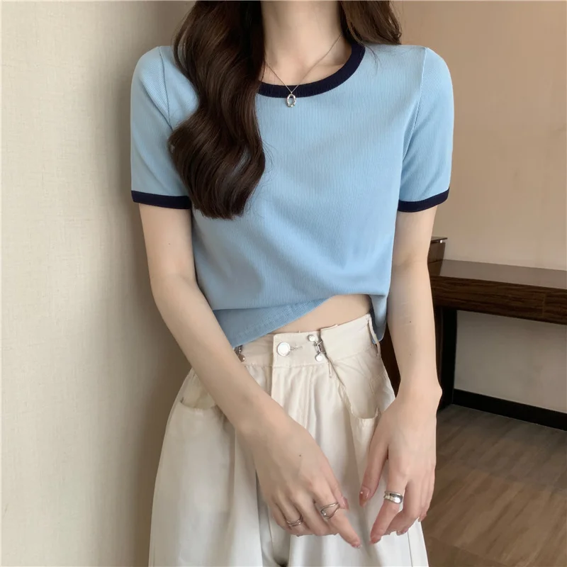 

2022Color matching short suspenders summer new short-sleeved t-shirt women's short slim fit cotton all-match tight U-neck