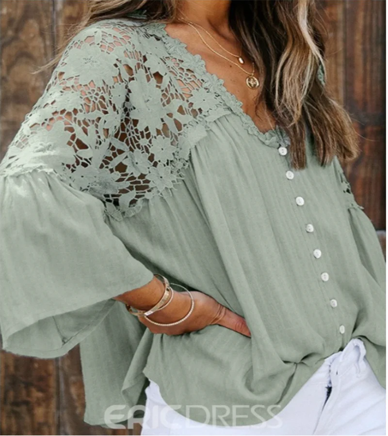 

2022 Summer Lace Flare Sleeve Ladies Shirts Loose Ladies Tops V-Neck Fashion Casual Single Breasted Ladies Tops