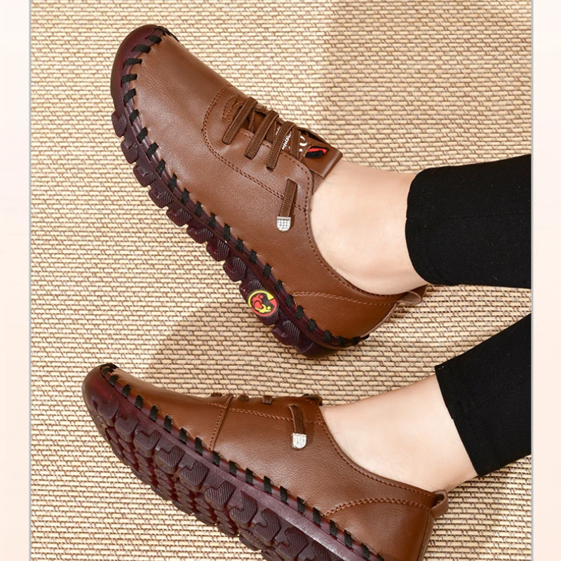 2023 Spring Casual Comfortable Women Shoes Platform Loafers Lace-up Leather Flats Slip-On Mom Shoe Mujer Zapatos Chaussure Femme