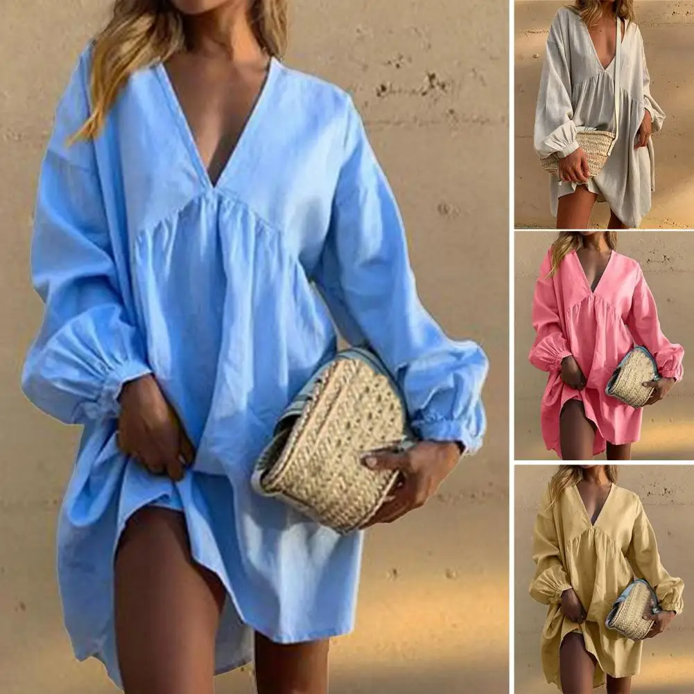 

V-Neck Stitching Design Solid Color Loose Fit Autumn Dress Women Long Sleeve Casual Loose Dress Female Clothing