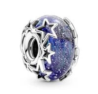 authentic 925 sterling silver moments galaxy blue star murano bead charm fit women pandora bracelet necklace jewelry
