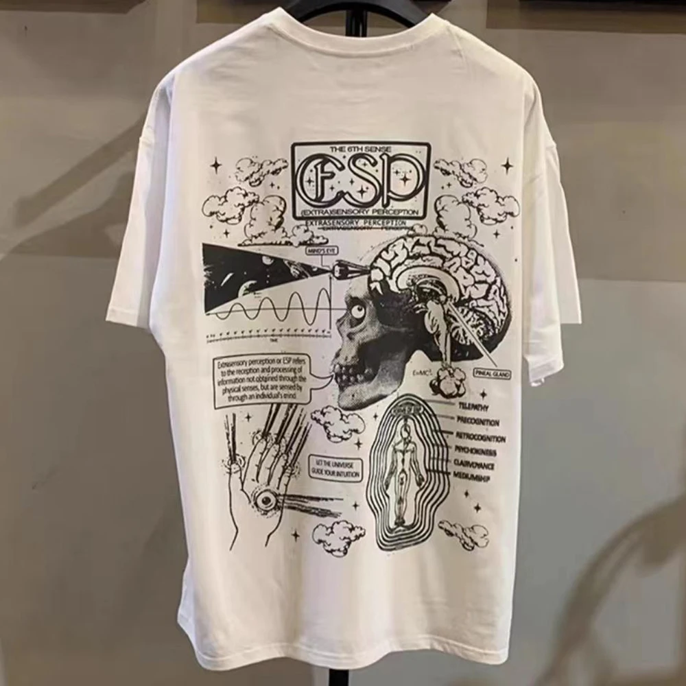 

Summer Loose Cotton Y2K Short-sleeved T-shirt High Street Retro Body Line Draft Printing Hip-hop Casual Top Men's Clothing
