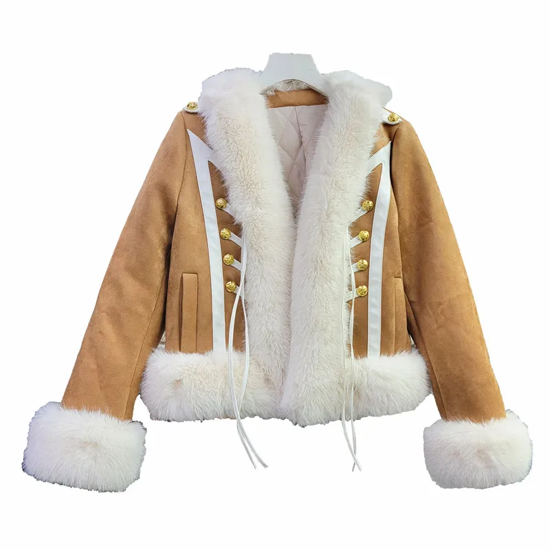 Soft Faux Fur Stitching Suede Parka Womens 2022 Winter New Large Fur Collar Fur Coat Short High Waist V Neck Long Sleeve Khaki
