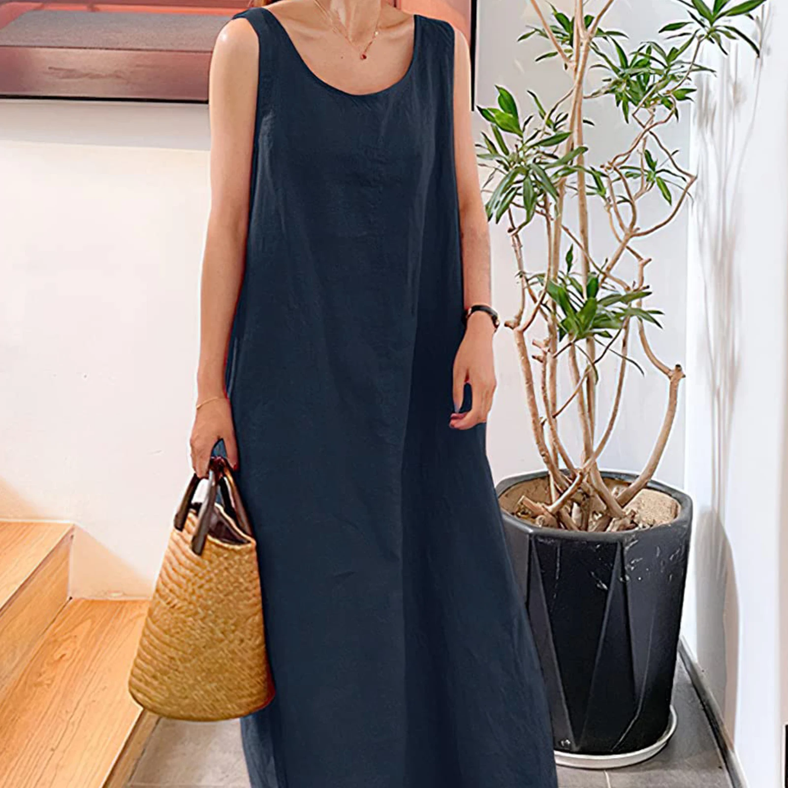 

Женское длинное платье без рукавов, с круглым вырезом и карманами