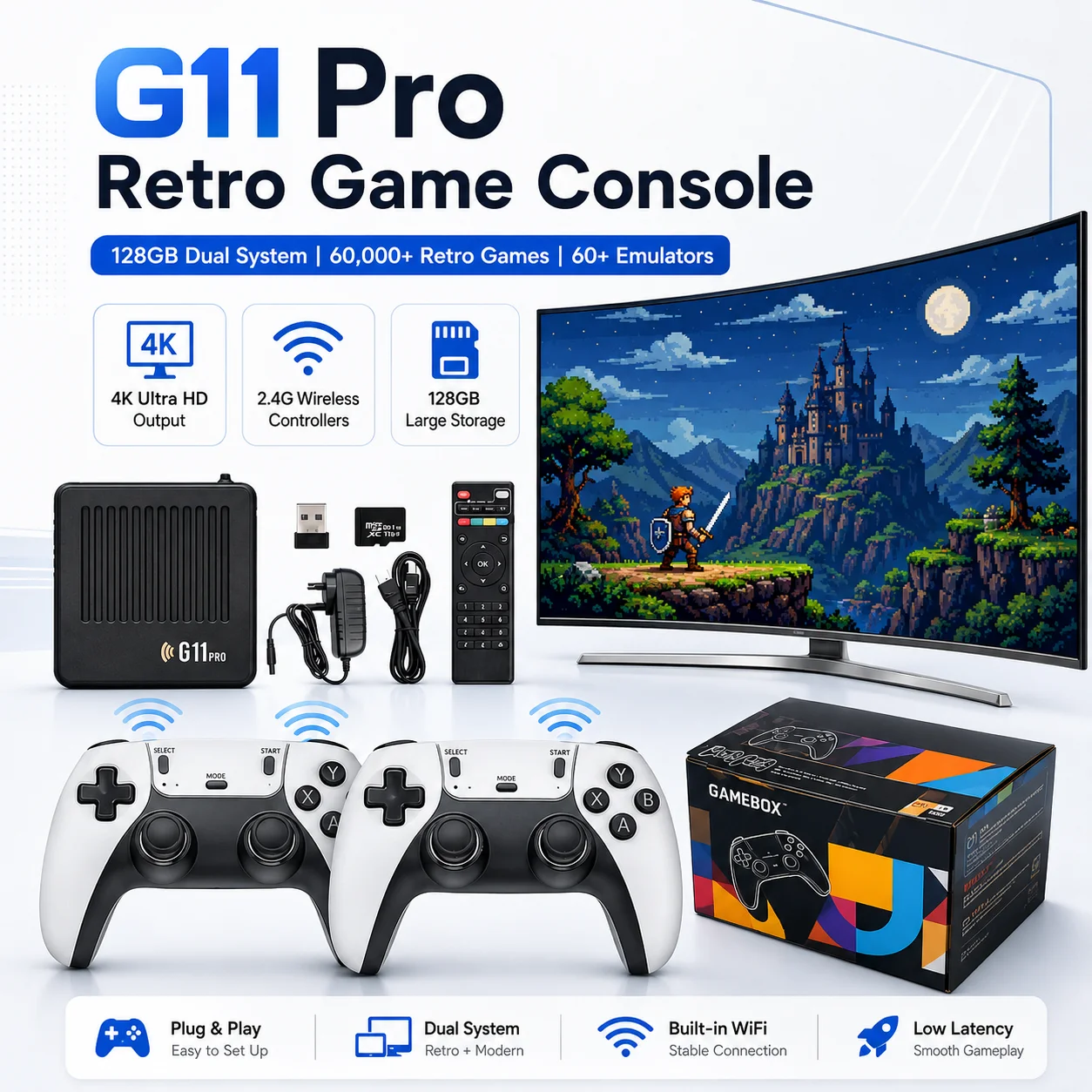 Фото Игровая приставка G11 Pro Game Box с двумя системами, 4K HD, ретро-консоль, беспроводной контроллер 2.4G, поддержка Plug and Play, поддержка нескольких устройств. №1