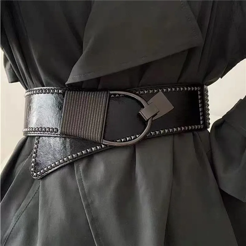 

Solid Color Ladies Rivet Wide Belt Coat Dress Decorated Waist Elastic Punk Girdle Belts For Women Luxury Designer Brand