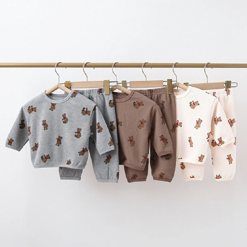 

Комплекты одежды для новорожденных девочек, весенний новый милый мультяшный медведь, вафельный топ + штаны, костюм для младенцев, хлопковая ...