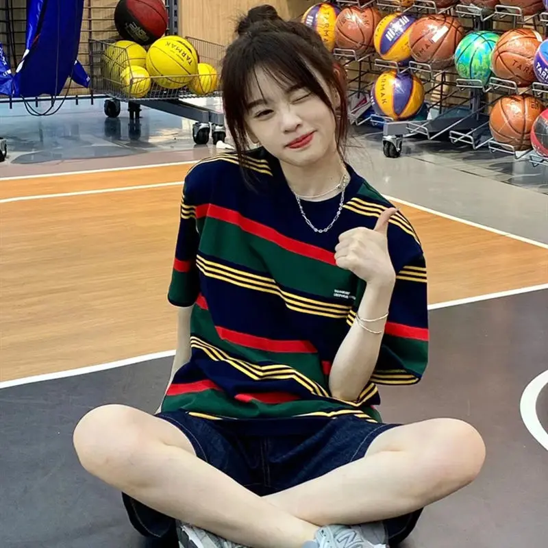 

Cotton vintage striped short sleeve T-shirt women's loose round neck niche design sense Joker women's jacket