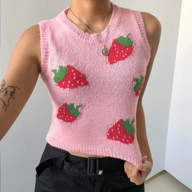 

Fashion Cute Sweet Y2K Strawberry Printing Sexy Club Sleeveless Knitted Vests Vintage O-neck Pink Cropped Sweater 90s Streetwear
