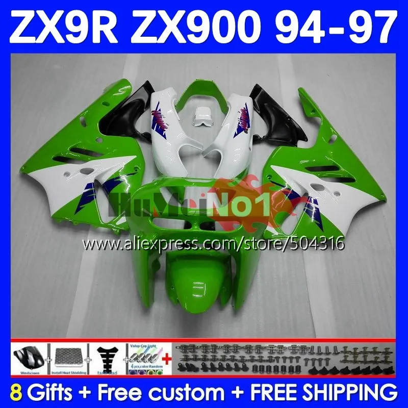 

Body Kit For KAWASAKI NINJA ZX-9R 900CC ZX 9 R 9R 900 CC 75MC.13 ZX9R 94 95 96 97 ZX900 1994 1995 1996 1997 Fairing green white