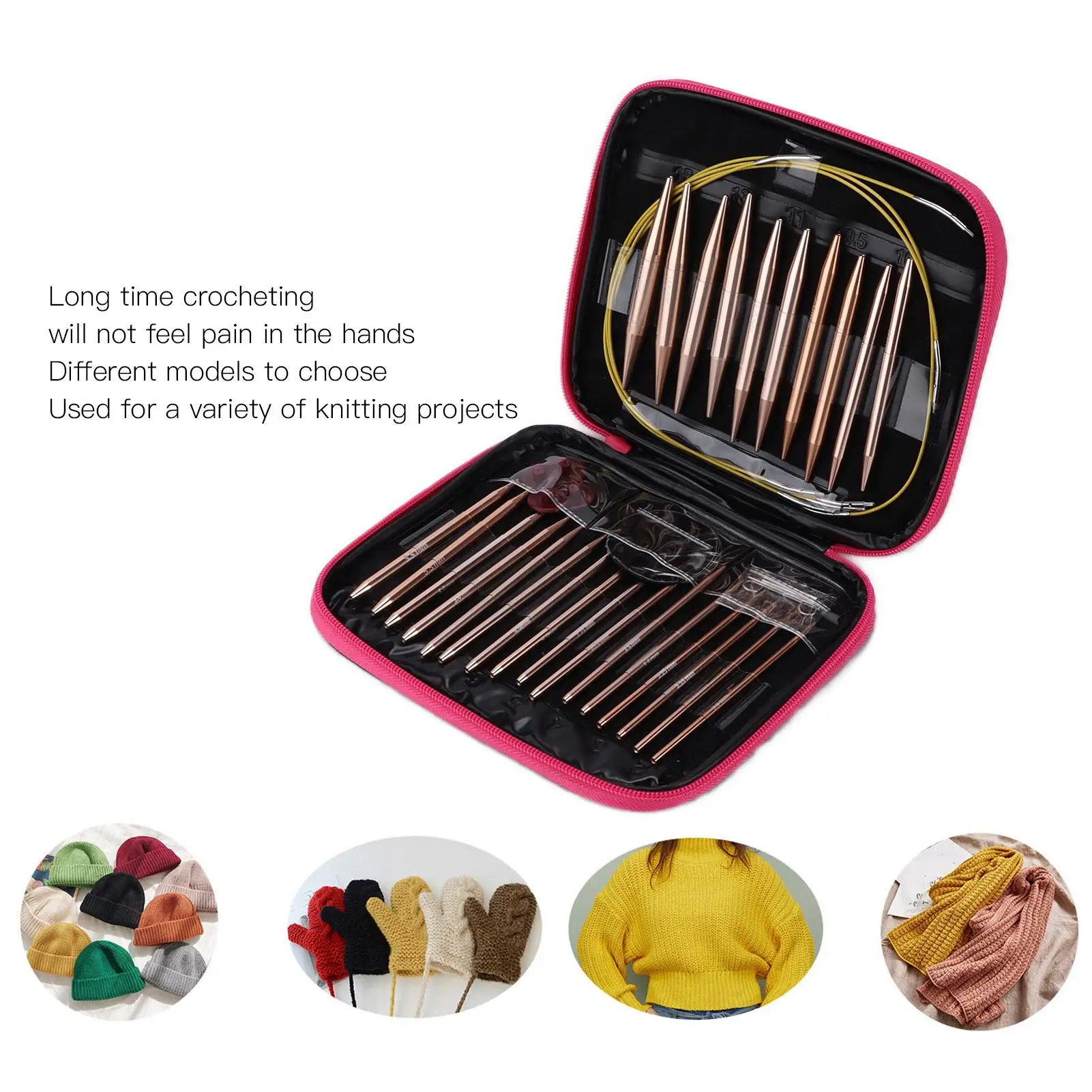 Набор сменных алюминиевых круглых игл из розового золота 26 шт. с футляром для