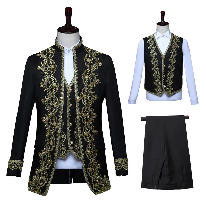 

Mens 3-Piece Suit Medieval Embroidered Jacket Vest Pants Royal Court Men's Wedding Suit European Retro Court Dress Costumes 4XL