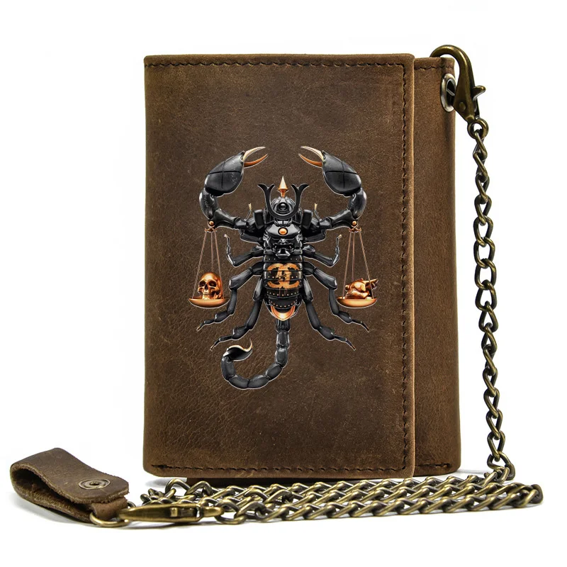 

High Quality Men Genuine Leather Wallet Anti Theft Hasp With Iron Chain Skull Heart Scorpion Libra Cover Card Holder Short Purse
