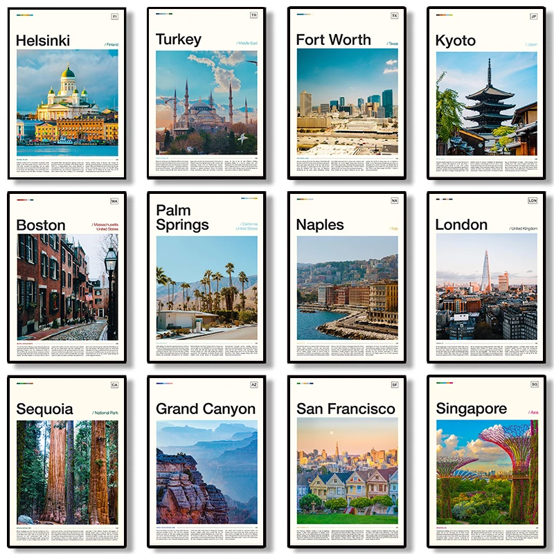 Настенные постеры с винтажным принтом в стиле Хельсинки, Лондона, Сингапура, путешествий, туризма, города