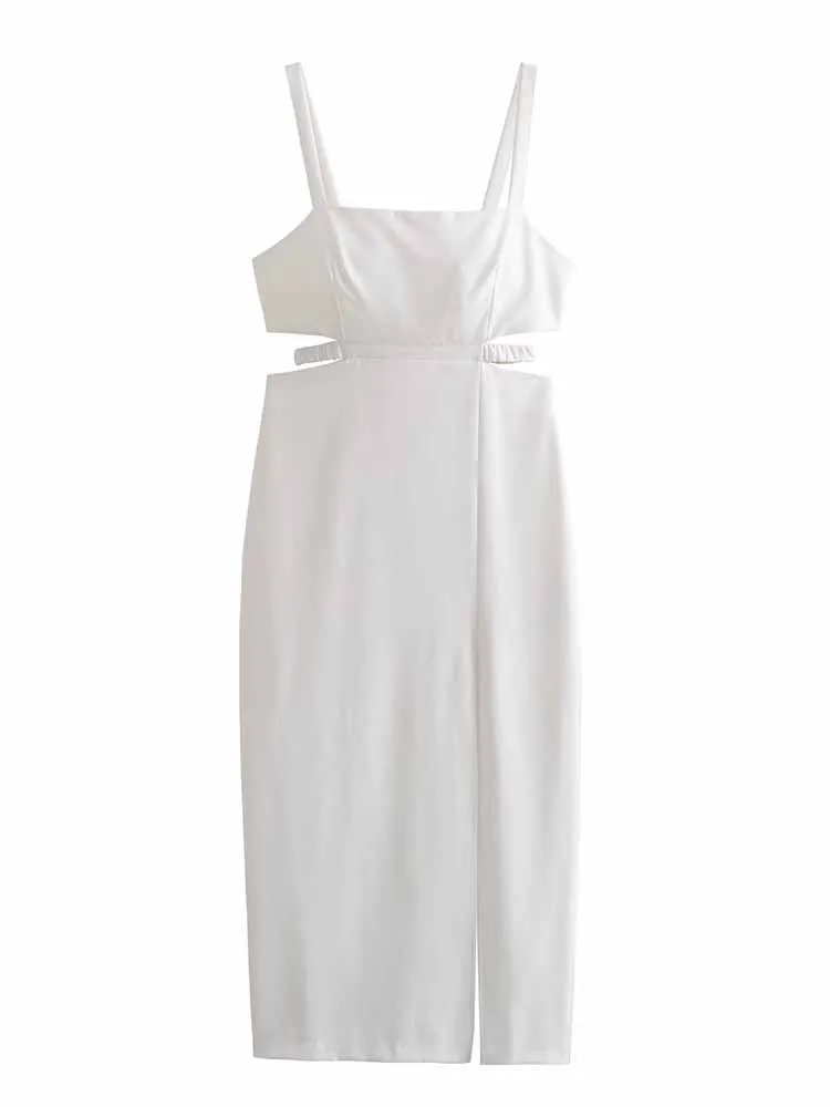 

Women New Chic Fashion Hollowed out decoration split Slim Midi Dress Vintage Sleeveless Thin Straps Female Dresses robe Mujer