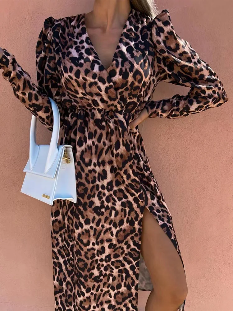 

Spring Retro Pattern Floral Print Dress Ladies Fashion Chic V-Neck Long Sleeve Slit Party Dresses 2022 Women Clothing Maxi Dress