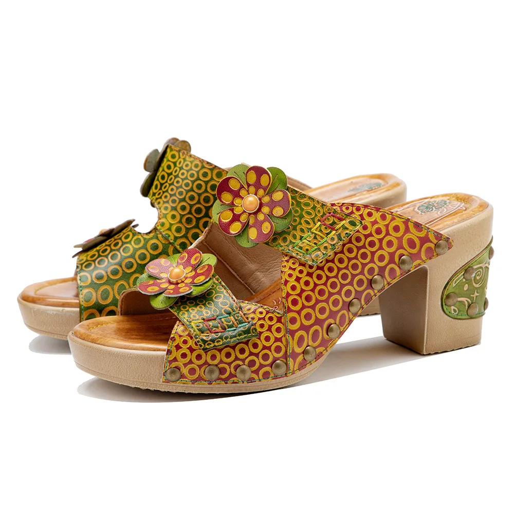 

Женские винтажные туфли YourSeason, сланцы из натуральной кожи, с ручной росписью, летние шлепанцы с цветами, сандалии на высоком каблуке