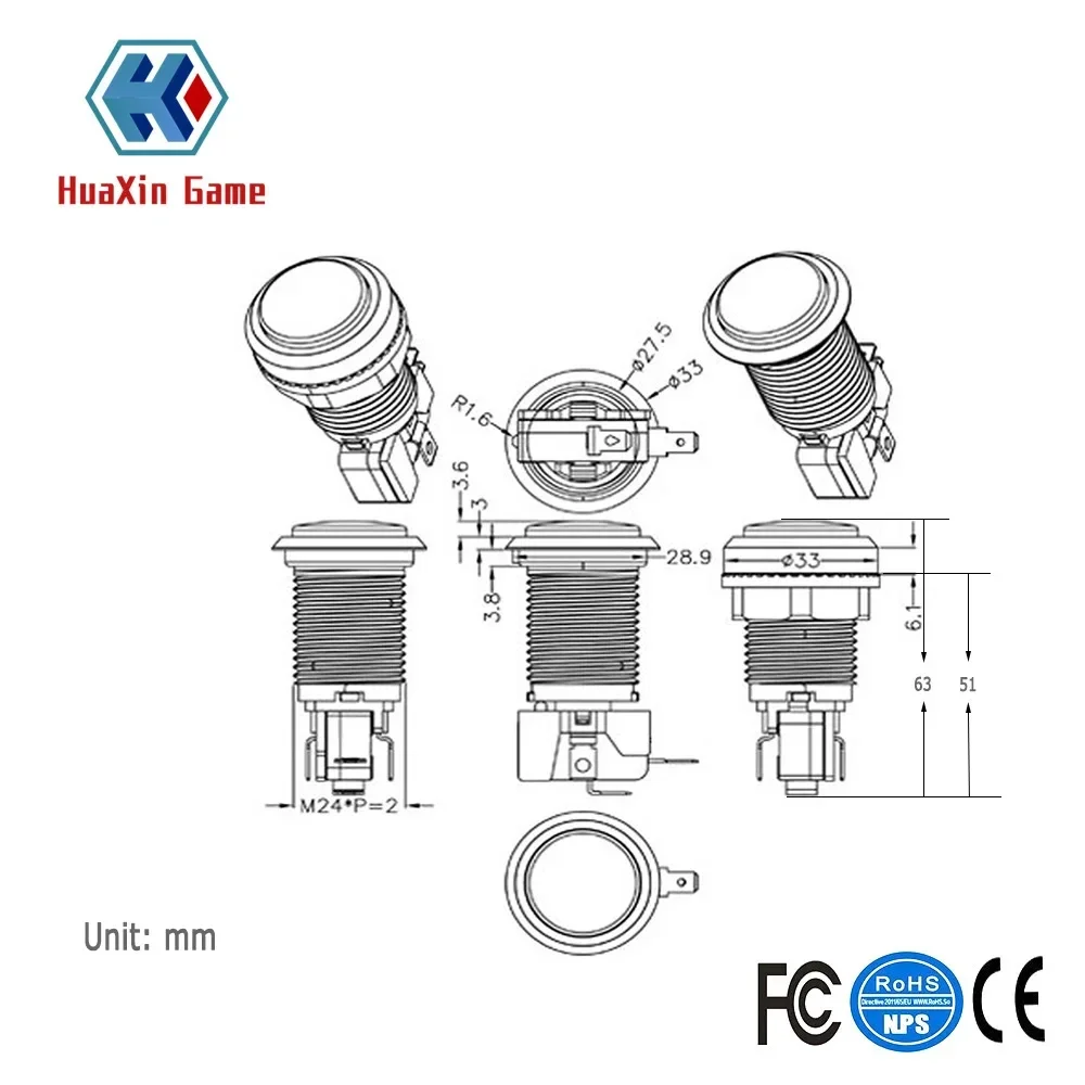 Полностью прозрачная кнопка для аркадных игр 28 мм 12 В 5
