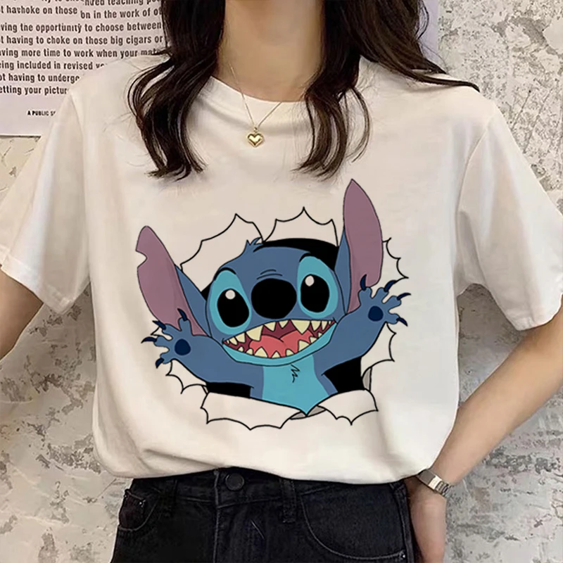 

Disney Lilo & Stitch Cute Cartoon Girls Streetwear Harajuku Kawaii Casual Tops Vintage Loose New Summer Women T-Shirt Tee Y2k