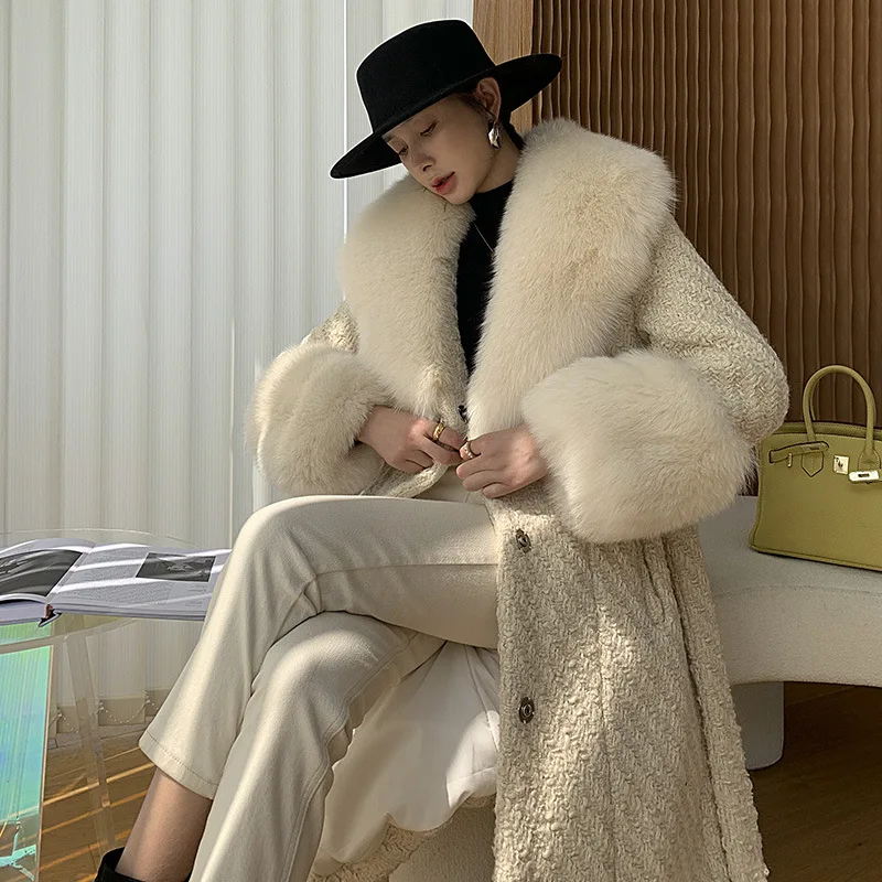 Whole Fur Fox Collar Tweed Coat Winter Long Lace-up Fur Jacket