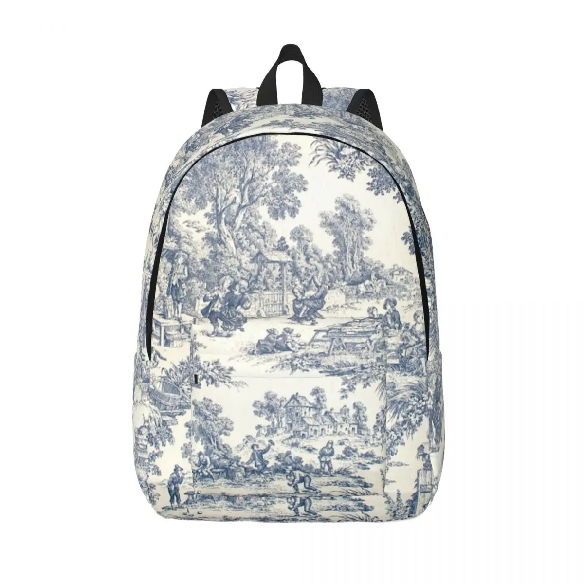 

Toile De Jouy Number 2 Canvas Backpack for Women Men Water Resistant College School French Navy Blue Motif Bag Print Bookbags