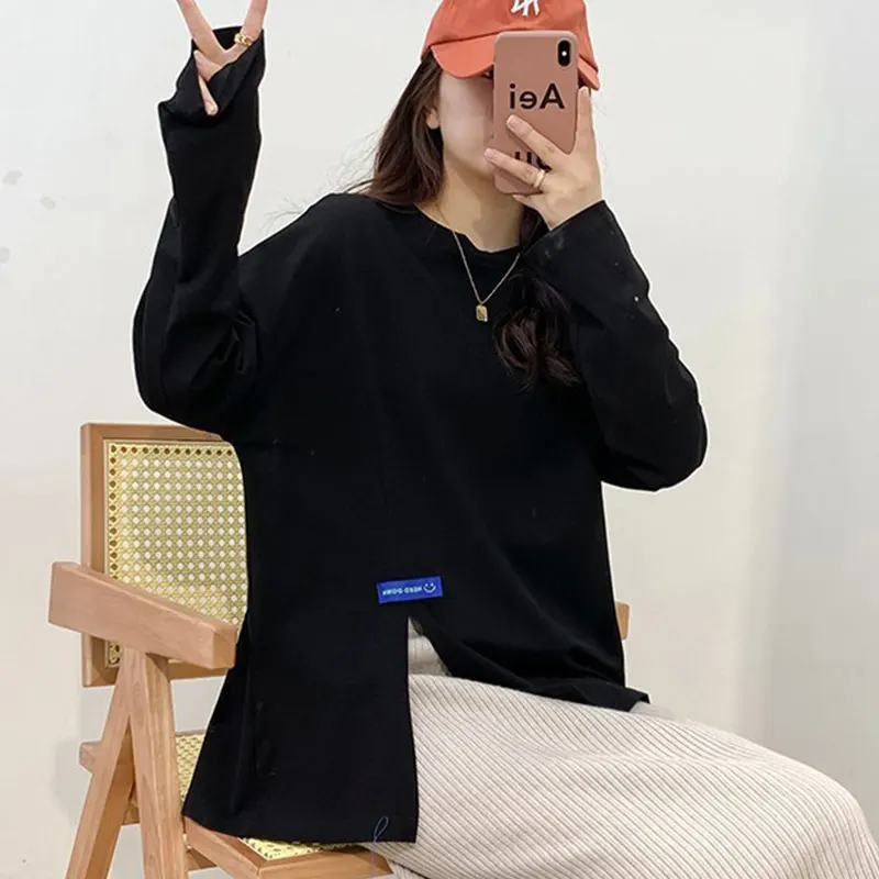 

Spring and Autumn Simple Label Split Long Sleeve T-shirt Women's Korean Loose Casual Design Top Clothes Sweatshirt Women