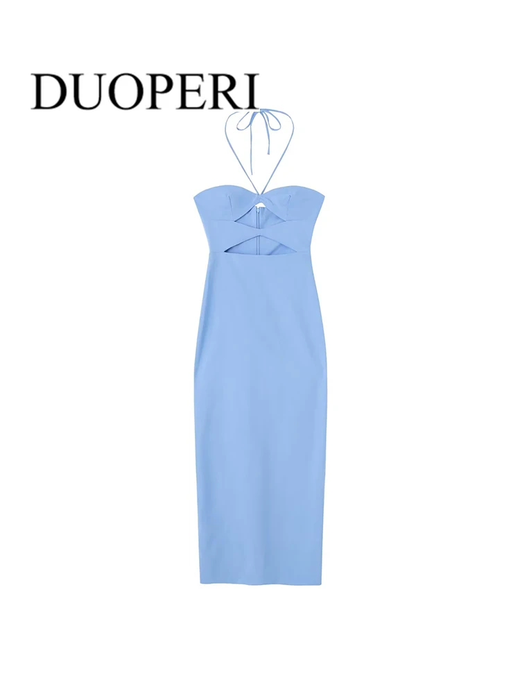 

DUOPERI Women Fashion Solid Hollow Out Midi Dress Vintage Back Slit Zipper Thin Straps Halter Neck Female Chic Dresses Outfits