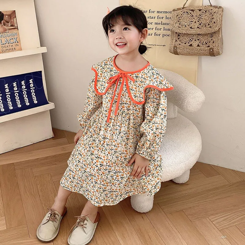 

Girl Dresses 2022 Spring Children Flower Print Midi Dress Little Girl Fashion Lace-up Turndown Collar Long Sleeve Princess Dress