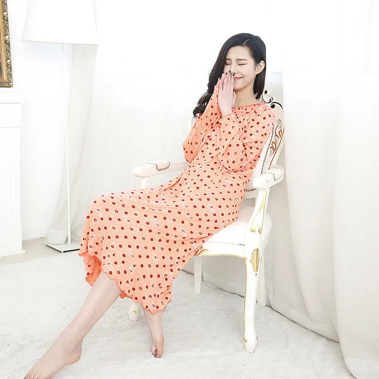 Spring Autumn Cotton Nightgowns Ladies Nightshirt Loose Long Sleeve Home Clothes Printed Nightdress Women Vestido Mujer
