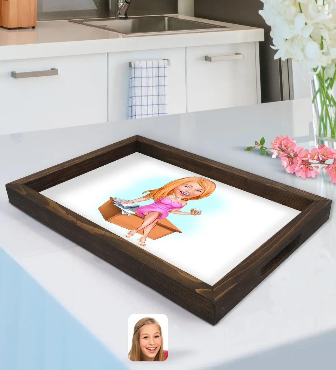

Personalized Women 'S Boss Caricature Of Natural Wood Tepsi-7
