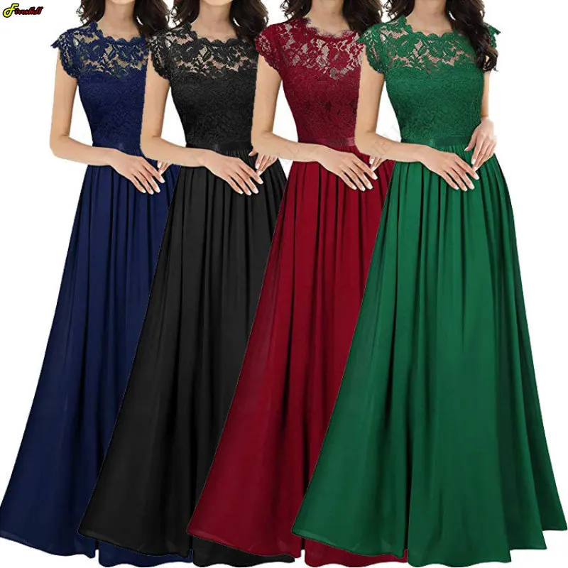 

2023 Spring Autumn Lace Dress For Women Solid Color O Neck Sleeveless Ladies Long Evening Party Vestidos Wedding Dresses