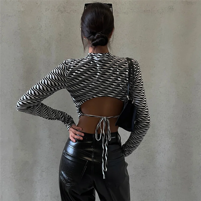 street shooting collar black and white color ripple girl long sleeve Pullover T-shirt women's autumn Rachel | Женская одежда